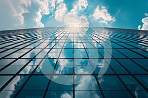 Bottom-up perspective view of modern office building with glass walls against the blue sky. The sky and light clouds are