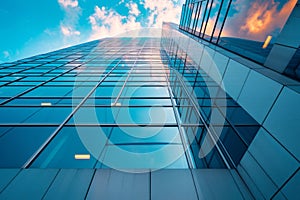 Bottom-up perspective view of modern office building with glass walls against the blue sky. The sky and light clouds are