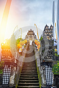 Bottom-up view of the Balinese temple decorated for the holiday Galungan. Bali, Indonesia