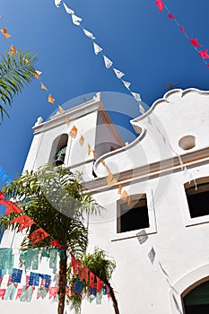 Bottom-up view of a church.