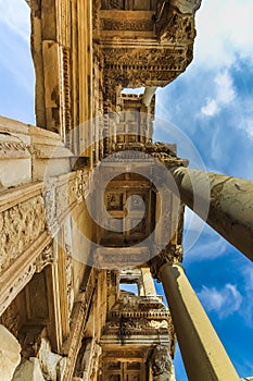 Bottom up view of the facade of Celsus Library