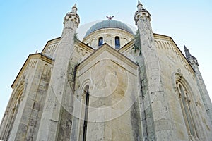 Bottom-up view of the facade of the Church of St. Michael the Archangel in Herceg Novi