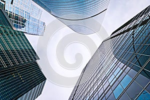 Bottom up view of Moscow city skyscrapers, business district glass towers frame