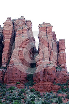 Bottom-up view of some rocky hills, in red color. Sedona, photo