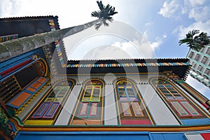 Bottom up view of Tan Teng Niah Residence with tall palm tree