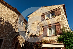 bottom view of ancient stone buildings at old european town, Antibes, France