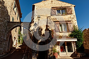 bottom view of ancient stone buildings at old town, Antibes, France