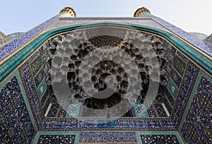 Bottom view of arcade of main entrance iwan of Shah Mosque on south side of Naghsh-e Jahan Square, Isfahan