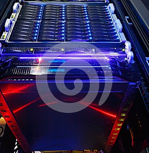 Bottom view on the cluster storage of supercomputer in a data center