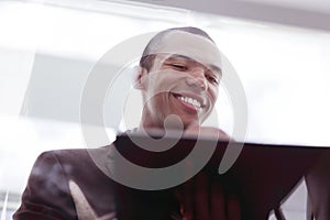 Bottom view.colleagues looking at computer monitor. business concept