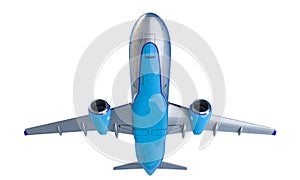 Bottom view of a commercial aeroplane isolated on a white background