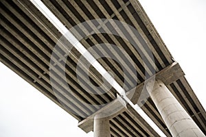 Bottom view of concrete bridge spans