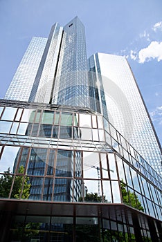Bottom view of Deutsche Bank Twin Towers in Frankfurt am Main, Germany