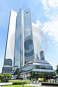 Bottom view of Deutsche Bank Twin Towers in Frankfurt am Main, Germany
