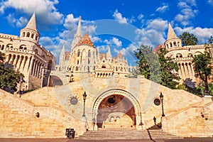 Bottom view of the Fisherman\'s Bastion with staircase. Popular tourist attraction in Budapest