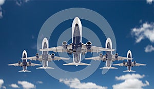 Bottom View of Five Passenger Airplanes Flying In Formation In The Sky