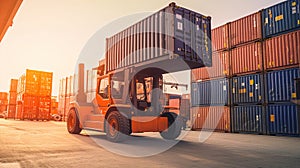 Bottom view Forklift truck lifting cargo container in shipping yard for transportation import,export, logistic industrial with