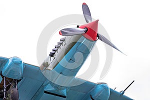 Bottom view of the fuselage with the extended landing gear of the Russian Il-2 assault aircraft