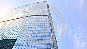 Bottom view of glass silhouette of skyscraper. Business building.