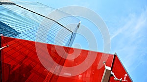 Bottom view of glass silhouette of skyscraper. Business building.