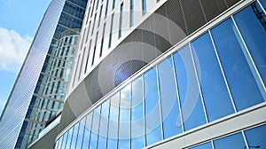 Bottom view of glass silhouette of skyscraper. Business building.