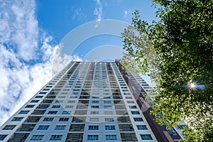 Bottom view of high building.