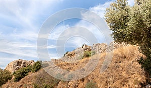 Bottom view of the hill with ruins of the fortress walls of the medieval fortress of Nimrod - Qalaat al-Subeiba, located near the