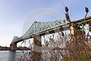 Bottom view of iconic 1930 cantilever steel Jacques-Cartier bridge