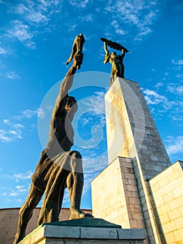 Bottom view of Liberty Statue on Gellert Hill in Budapest, Hungary, Europe