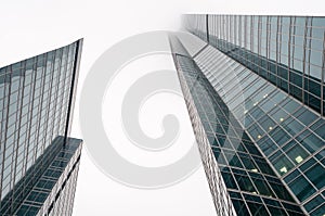 Bottom view of modern skyscapers in fog