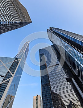 Bottom view of modern skyscrapers in business district.