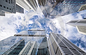 Bottom view of modern skyscrapers in business district of Singapore