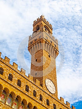 Bottom view of Pallazo Vecchio, Old Palace - Town Hall, with high bell tower, Piazza della Signoria, Florence, Tuscany