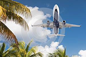 Bottom View of Passenger Airplane Flying Over Tropical Palm Trees