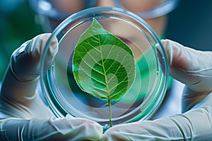 Bottom view of plant leaf in petri dish held by research scientist in lab. Concept for biotechnology and genetic modification