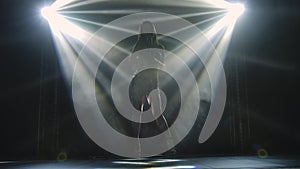 Bottom view is silhouette of long legged female vocalist in short shiny dress performing on stage with smoke and dynamic