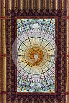 Bottom view of the stained glass dome in the concert hall of the Palau de la Musica Catalania, Spain, Europe.