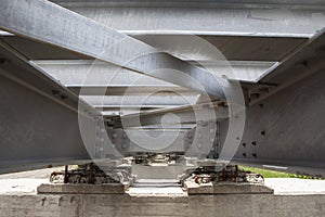 bottom view of steel bridge structure of railways use for infrastructure construction theme