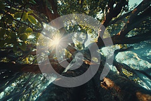 bottom view of the sun's rays shining through the branches of a large tree. in a forest clearing. background for wallpaper,