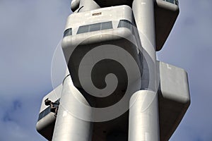 Bottom view of the Zizkov television tower transmitter, Prague, Czech Republic