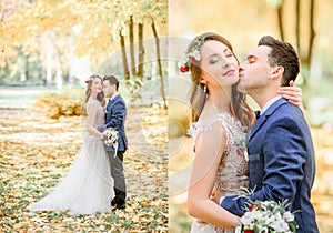 Boubled picture of stunning newlyweds kissing in the autumn park