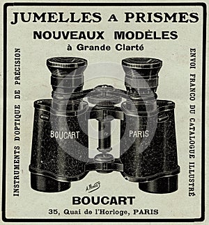 Boucart, instruments d`optique de precision, jumelles a prismes, vintage advertising france 1914 binoculars