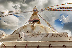 Boudha, bodhnath or Boudhanath stupa with prayer flags, the biggest Buddhist stupa in Kathmandu, Nepal