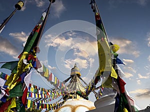 Boudha Stupa and Buddhist prayer flags, Nepal
