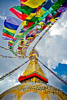 Boudhanath Stupa with prayer flages in the wind, Kathmandu, Nepal