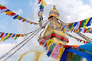 Boudhanath Stupa and prayer flags in Kathmandu