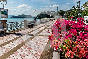 Bougainvillaea and promenade at Cape Panwa, Phuket, Thailand