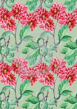 Bouguet red dahlia, watercolor, pattern seamless