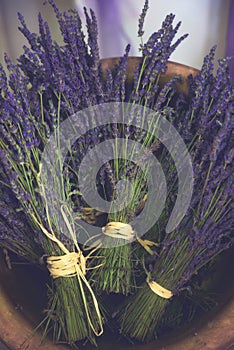 Bouguets of violet lavendula flowers, Old Style Toned, Lavender bouquet in basket photo