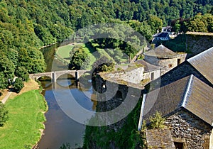 Bouillon Belgium. View of the Semois River and the old bridge from the walls of a medieval, fortified, Bouillon